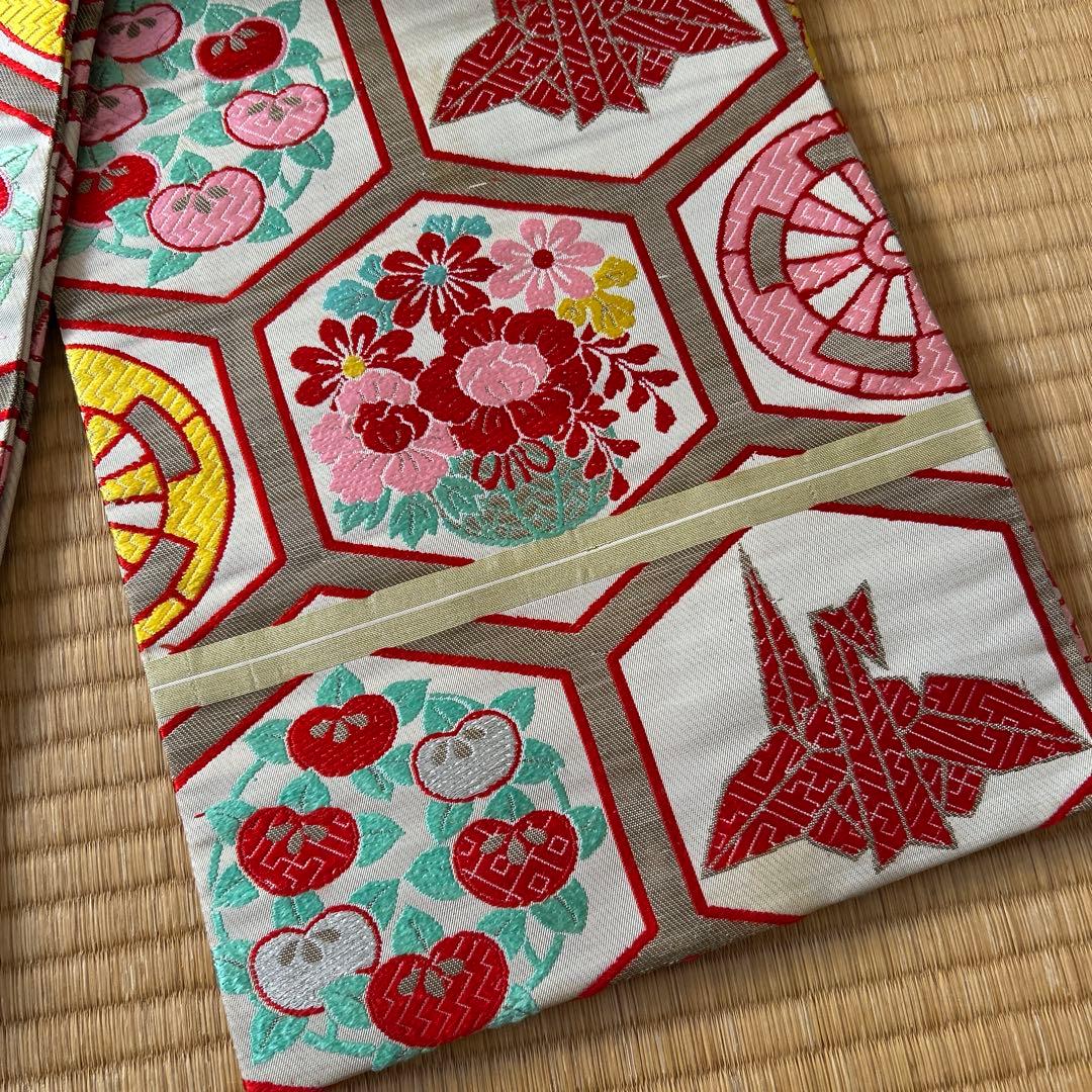 七五三　結び帯　帯　両面柄　赤　7歳　七歳　豪華両面柄入り　折鶴　折り鶴　鶴