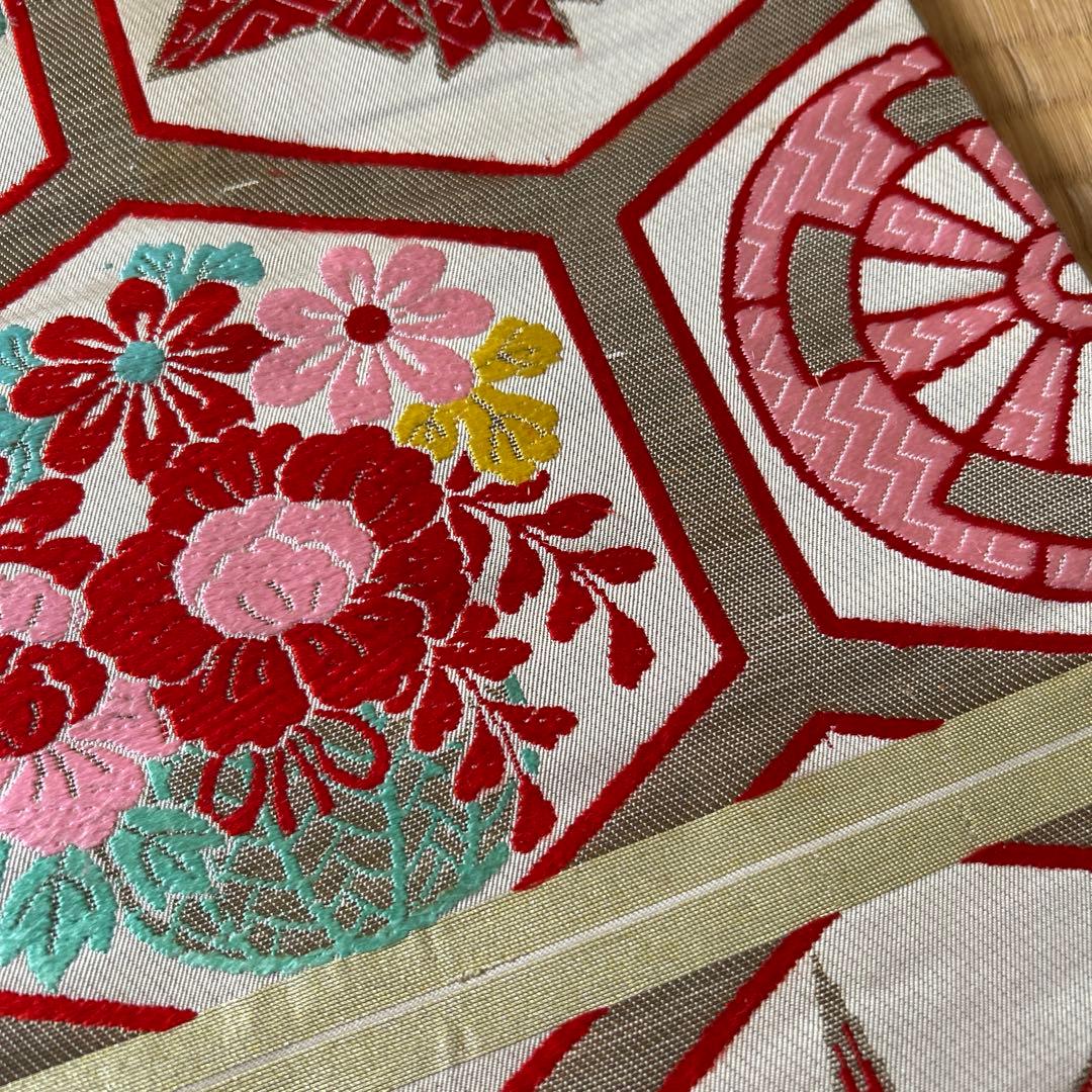 七五三　結び帯　帯　両面柄　赤　7歳　七歳　豪華両面柄入り　折鶴　折り鶴　鶴