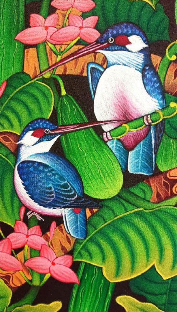 大きめ バリアート プンゴセカン バリ島 絵画 自然 鳥 花 アート カワセミ