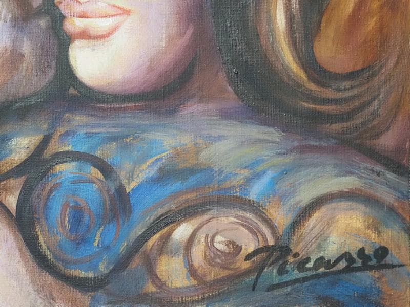 【値下げ】 油彩画 女性肖像 人物画　油絵　ピカソ　F6　額付き　手描き　肉筆