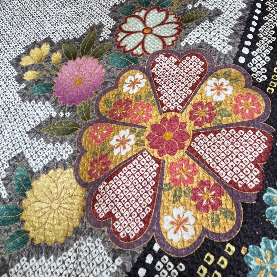 振袖　振り袖　成人式　フルセット　正絹　灰色　グレー　灰茶　絞り　菊　花柄