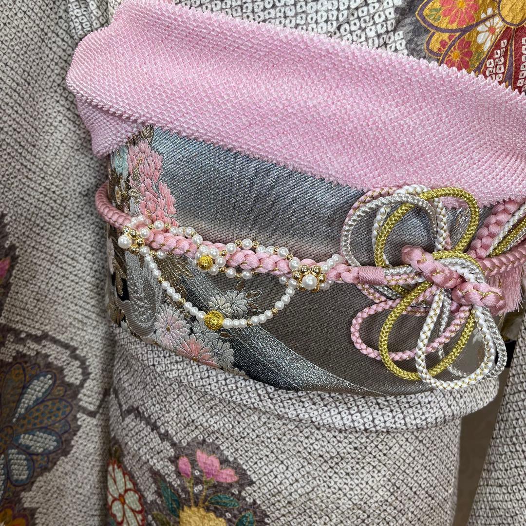 振袖　振り袖　成人式　フルセット　正絹　灰色　グレー　灰茶　絞り　菊　花柄