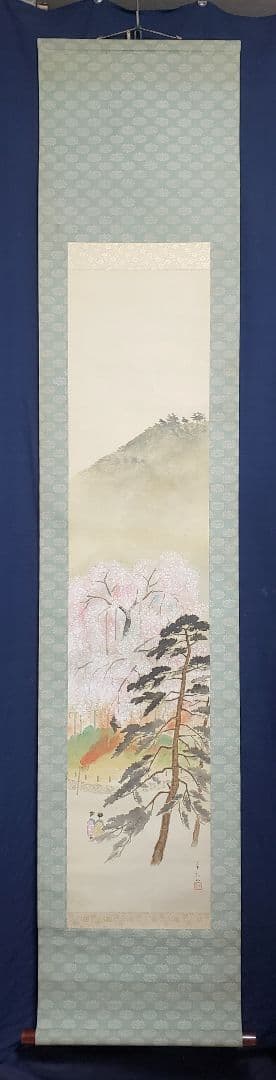 【舞妓円山花見夜桜図】小松華影 711 円山公園垂れ桜　京都　掛け軸　肉筆