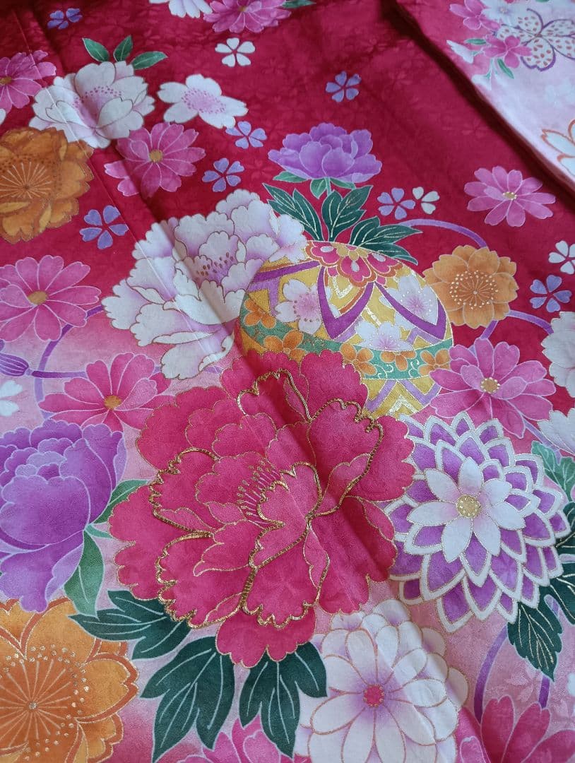 振袖フルセット　現代　華やか　やや小柄　正絹　金駒刺繍　赤　裄66