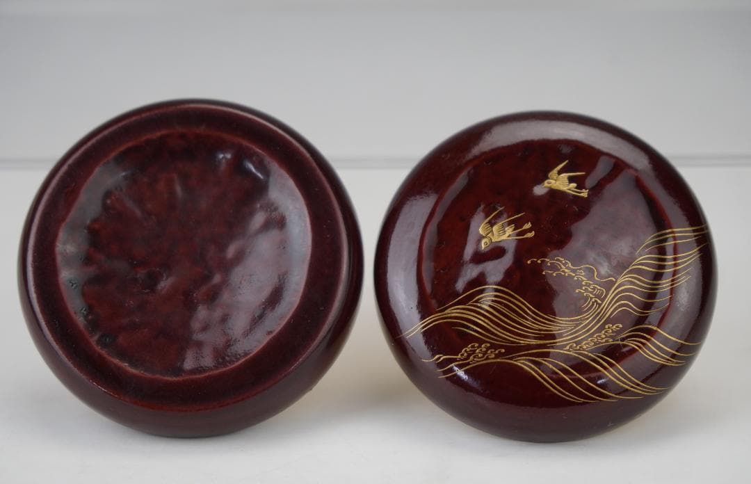 秀雄　作　波千鳥蒔絵　香合　内金塗　共箱　煎茶道具　美品