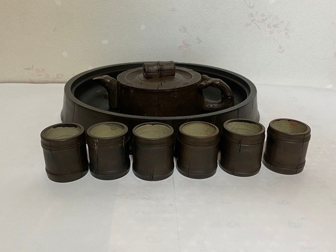♦中国？台湾 竹節形 茶道具1式 茶壺 茶碗 盆 急須 紫泥 煎茶道具 骨董品