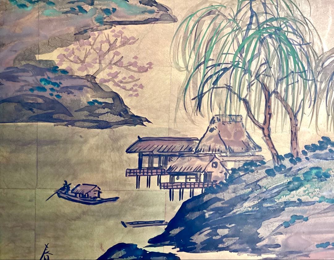 日本画　山水画　金箔背景