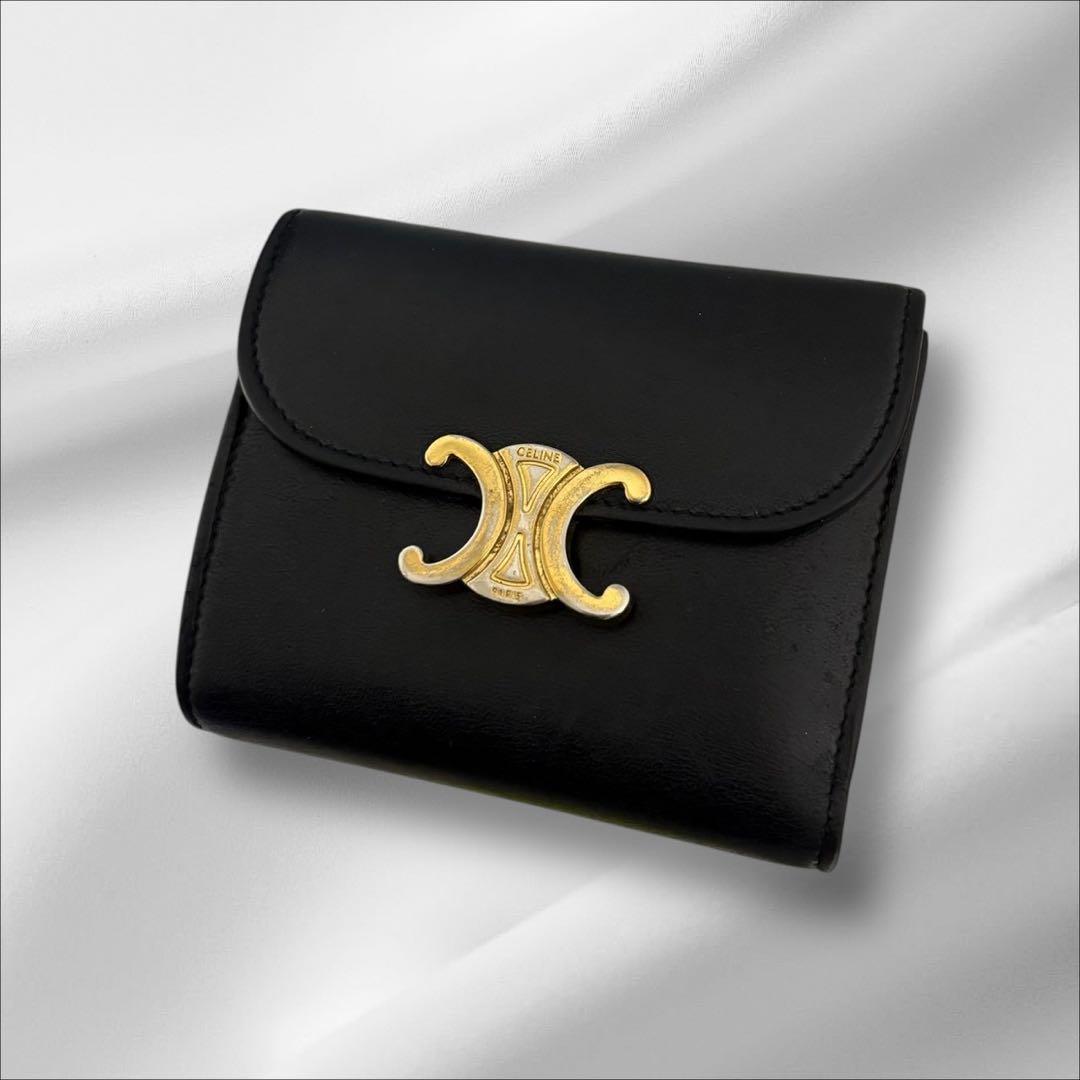 極美品✨ CELINE セリーヌ トリオンフ ブラック レザー 三つ折り 財布