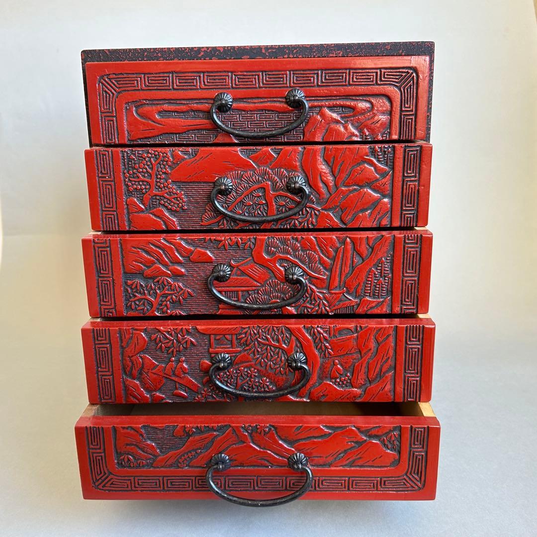 【希少】 堆朱　漆器　手彫り　引き出し 小箪笥 木製 松 伝統工芸 和箪笥 5段