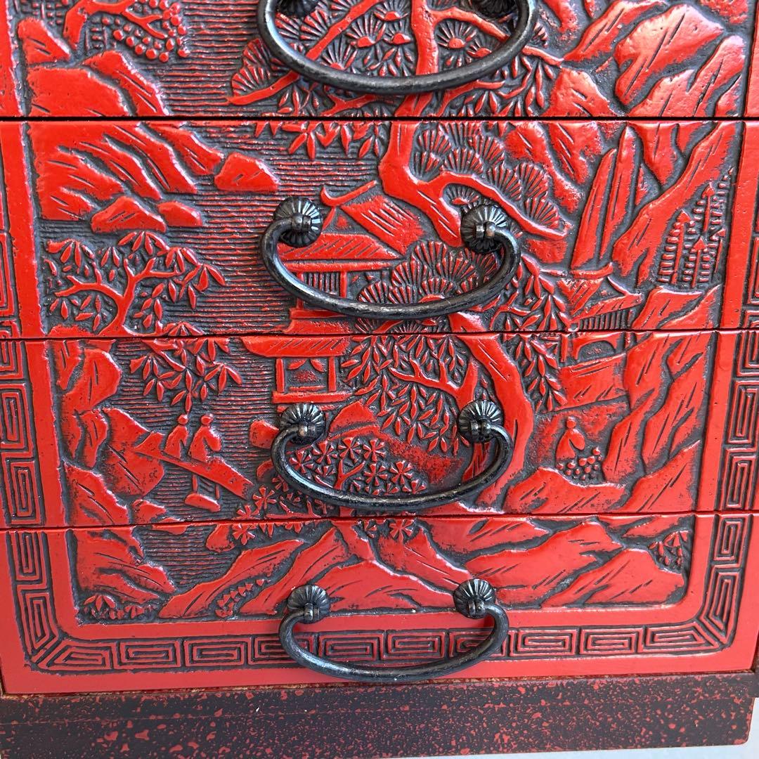 【希少】 堆朱　漆器　手彫り　引き出し 小箪笥 木製 松 伝統工芸 和箪笥 5段