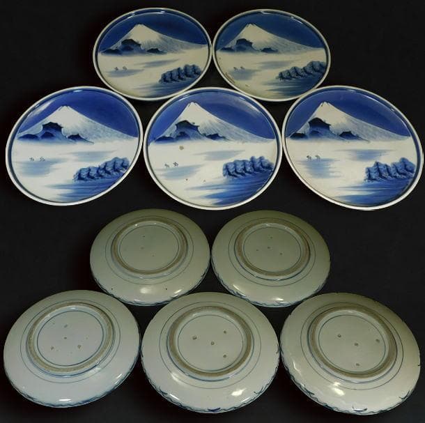 【時代磁器　瀬戸　富士に帆掛山水図染付７寸皿（五枚）】