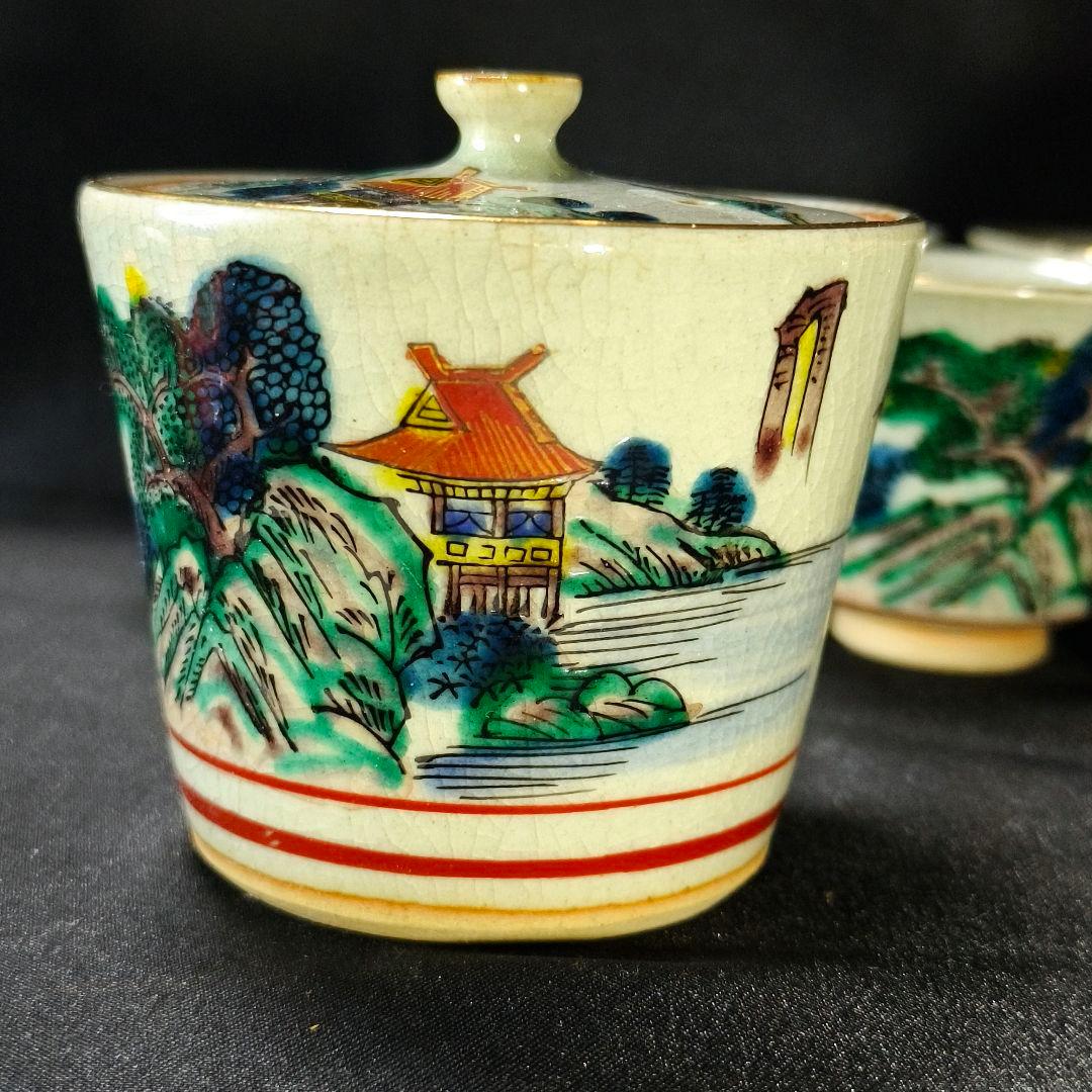 煎茶道具 九谷焼宝瓶茶器セット 庄三風 手描き山水図 時代物 旧家蔵出美品