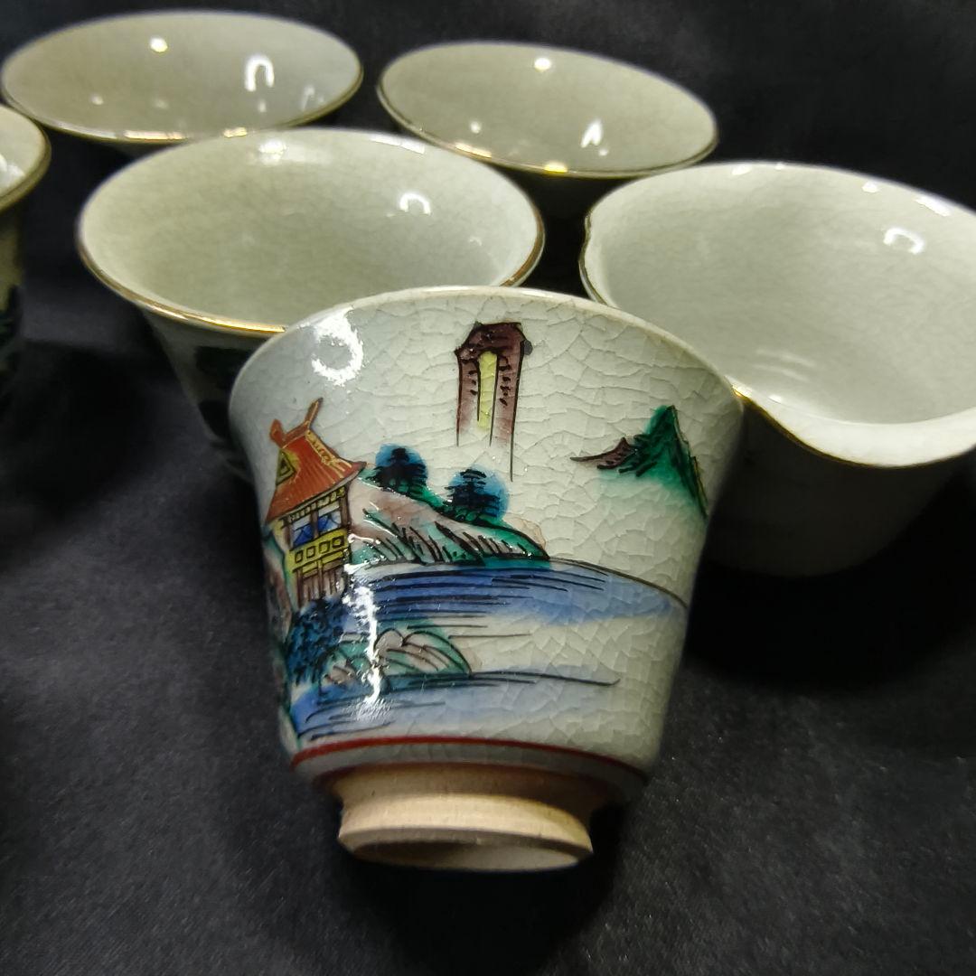 煎茶道具 九谷焼宝瓶茶器セット 庄三風 手描き山水図 時代物 旧家蔵出美品