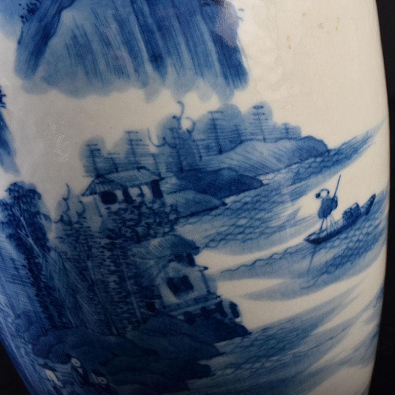 中国　大清康熙年製　青花　山水人物文　花瓶　壷　時代箱　M　R8748