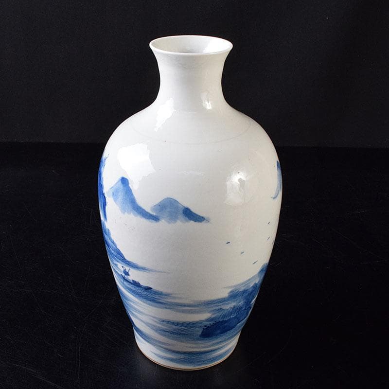 中国　大清康熙年製　青花　山水人物文　花瓶　壷　時代箱　M　R8748