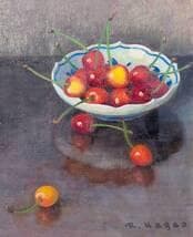 【真作】絵画　長生玲子　油彩3号　マイセン皿の桜桃　瑞々しき果実　Y112