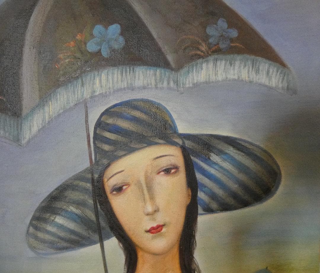 油絵　額付き　斎藤真一　 F6 【　日傘　】手描き