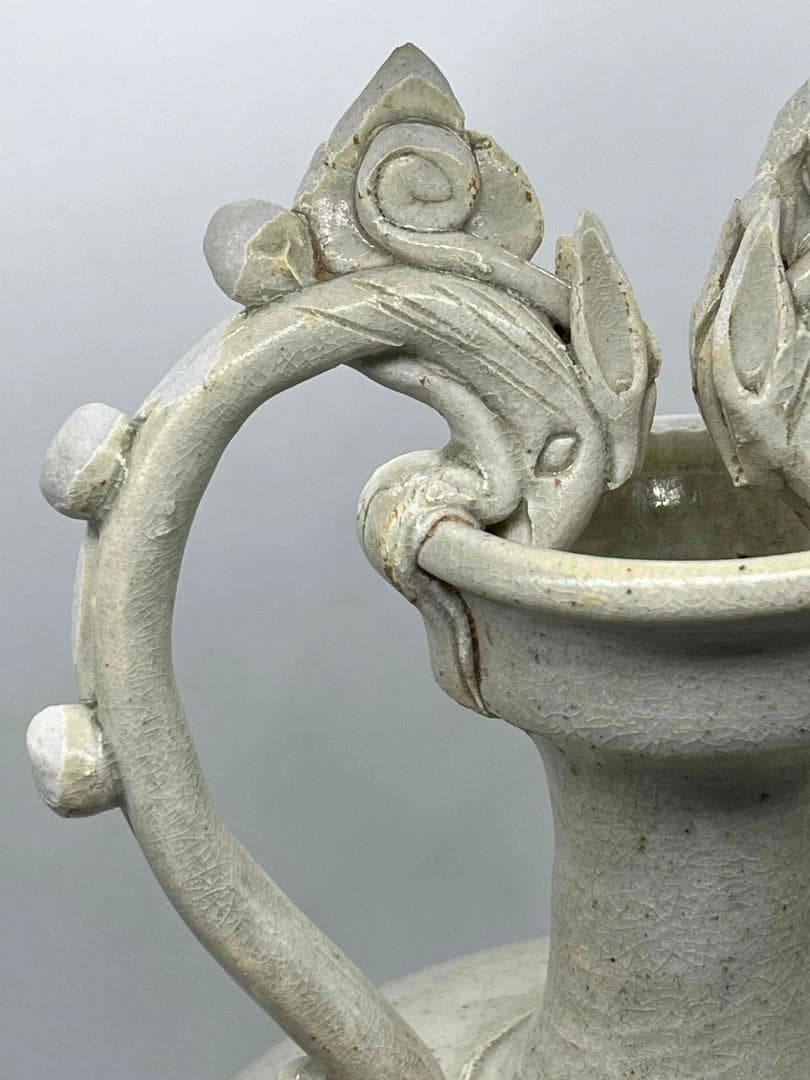 唐時代 白磁双龍耳大尊 巩県窯白瓷 【旧家旧蔵】　希少貴重　花入(B-68)