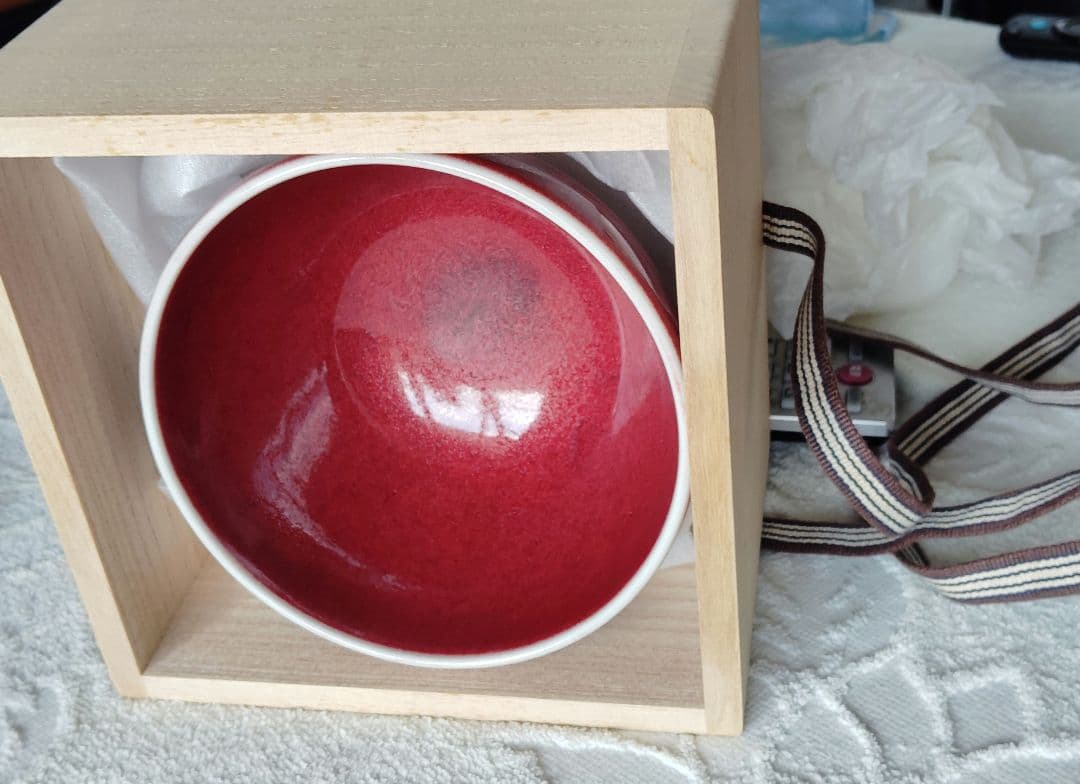 木村好博作　辰砂釉　茶碗　木製和風箱　略歴付　茶道具