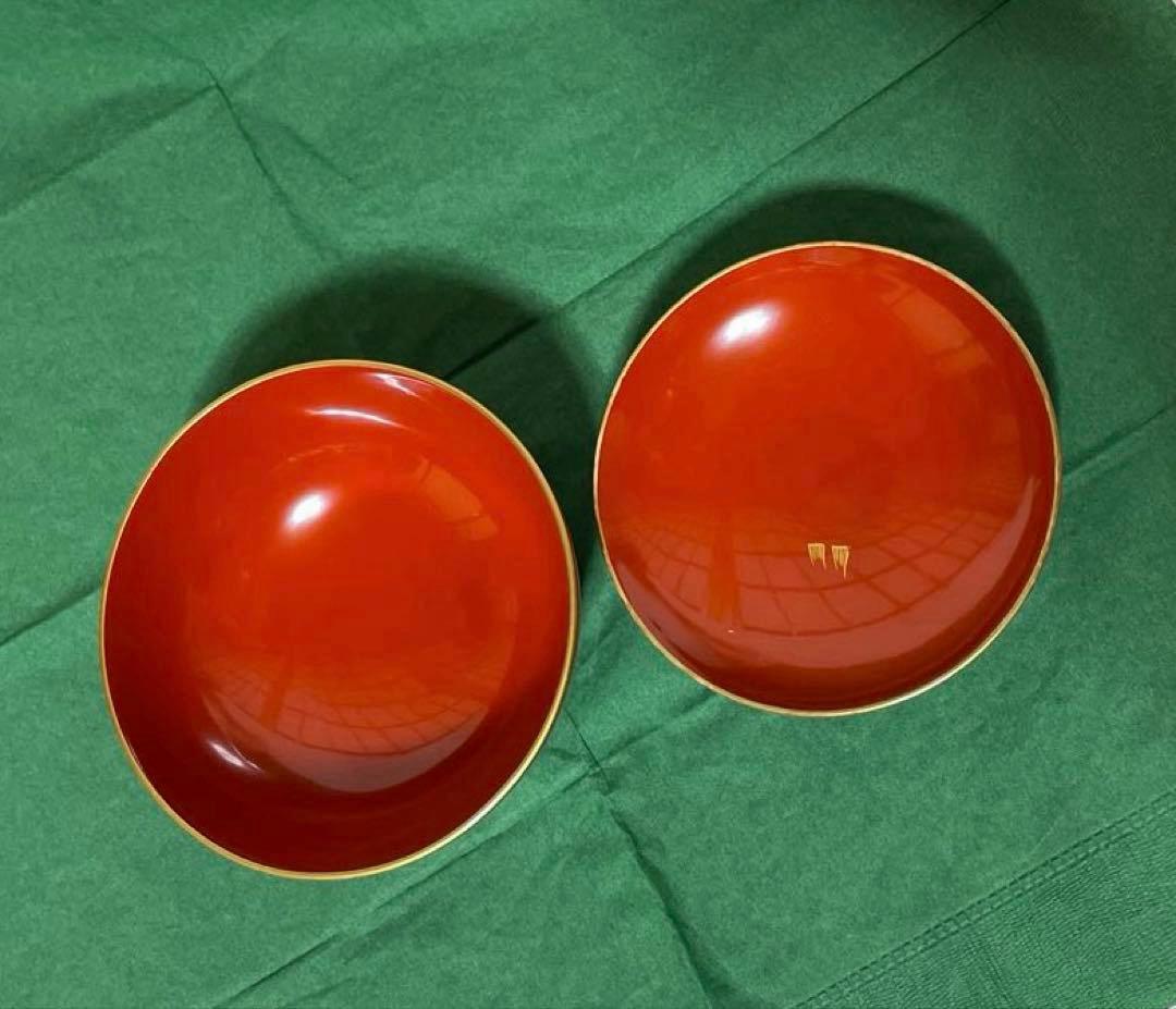 赤い漆器金彩蓋付き椀 5個セット紙箱付き