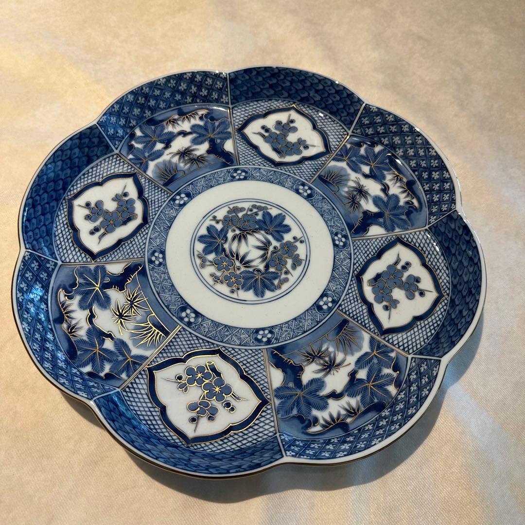 庫山窯　染付　金彩　梅型　大皿　飾り皿　松竹梅