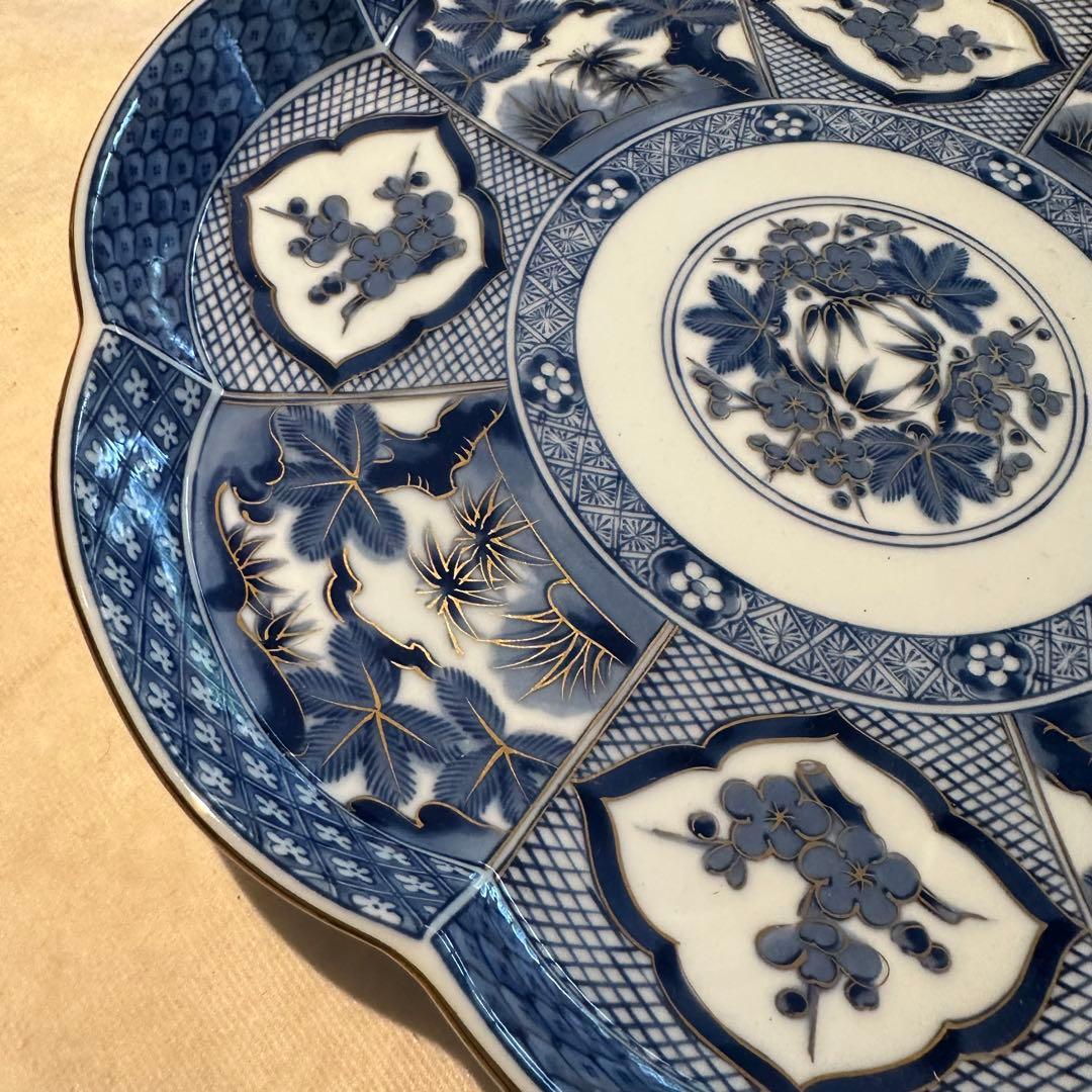 庫山窯　染付　金彩　梅型　大皿　飾り皿　松竹梅