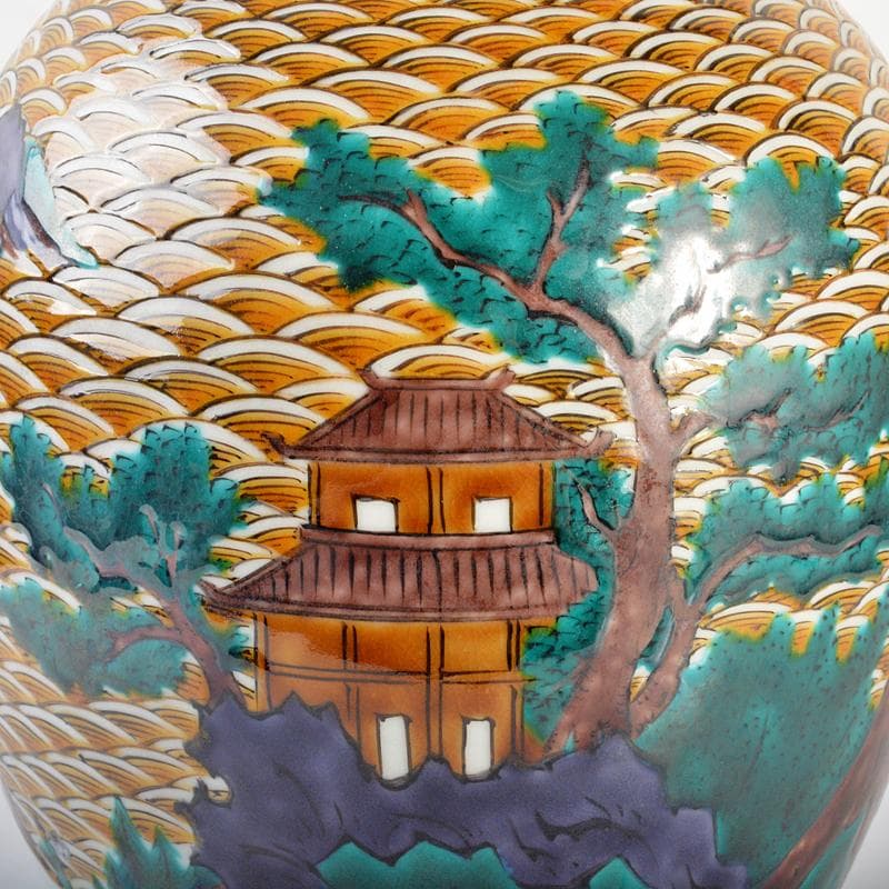 九谷焼　三代三ツ井為吉作　色絵山水紋　花生　共布共箱　M　R6752B