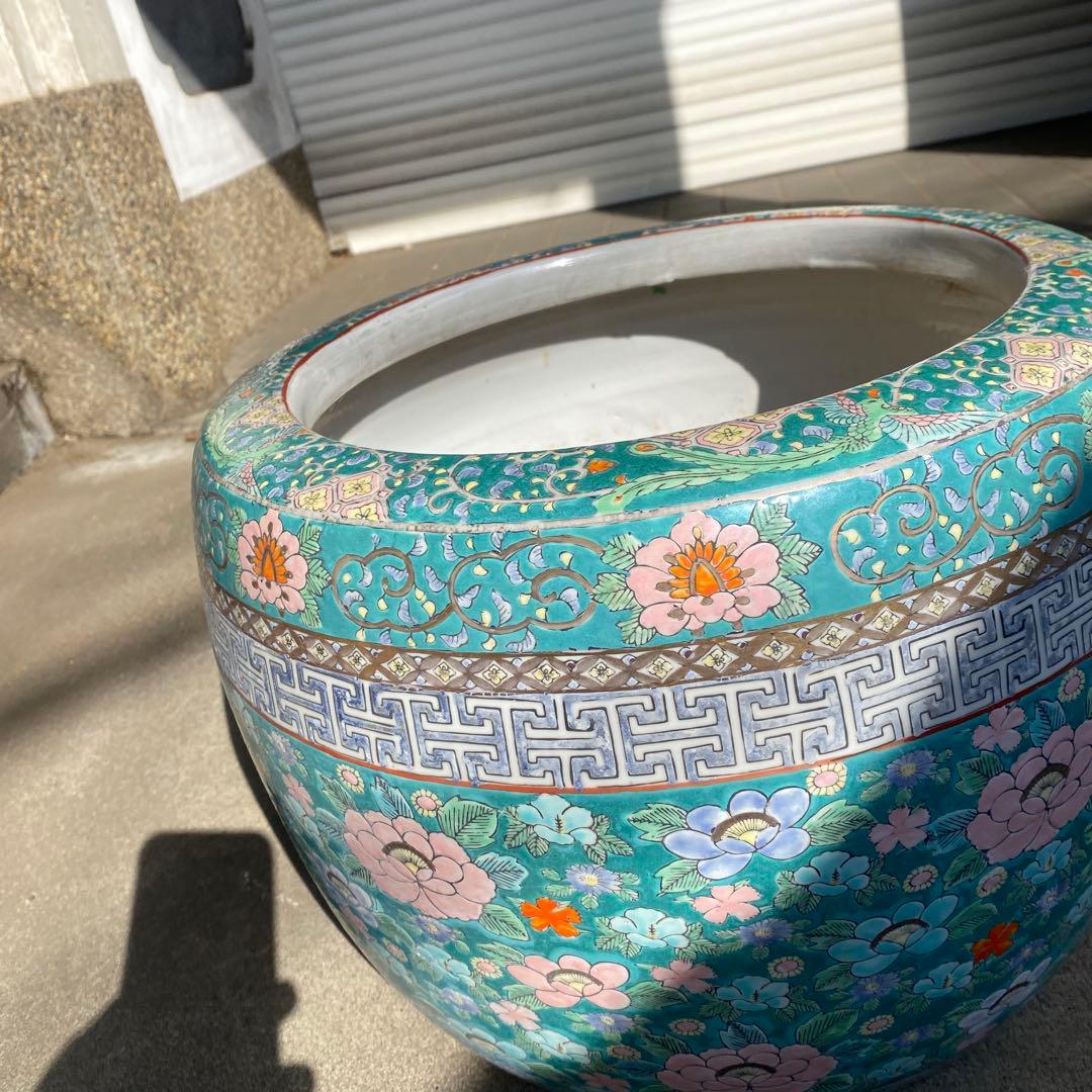 中国古玩　青系花柄陶器製水鉢37cm28cm