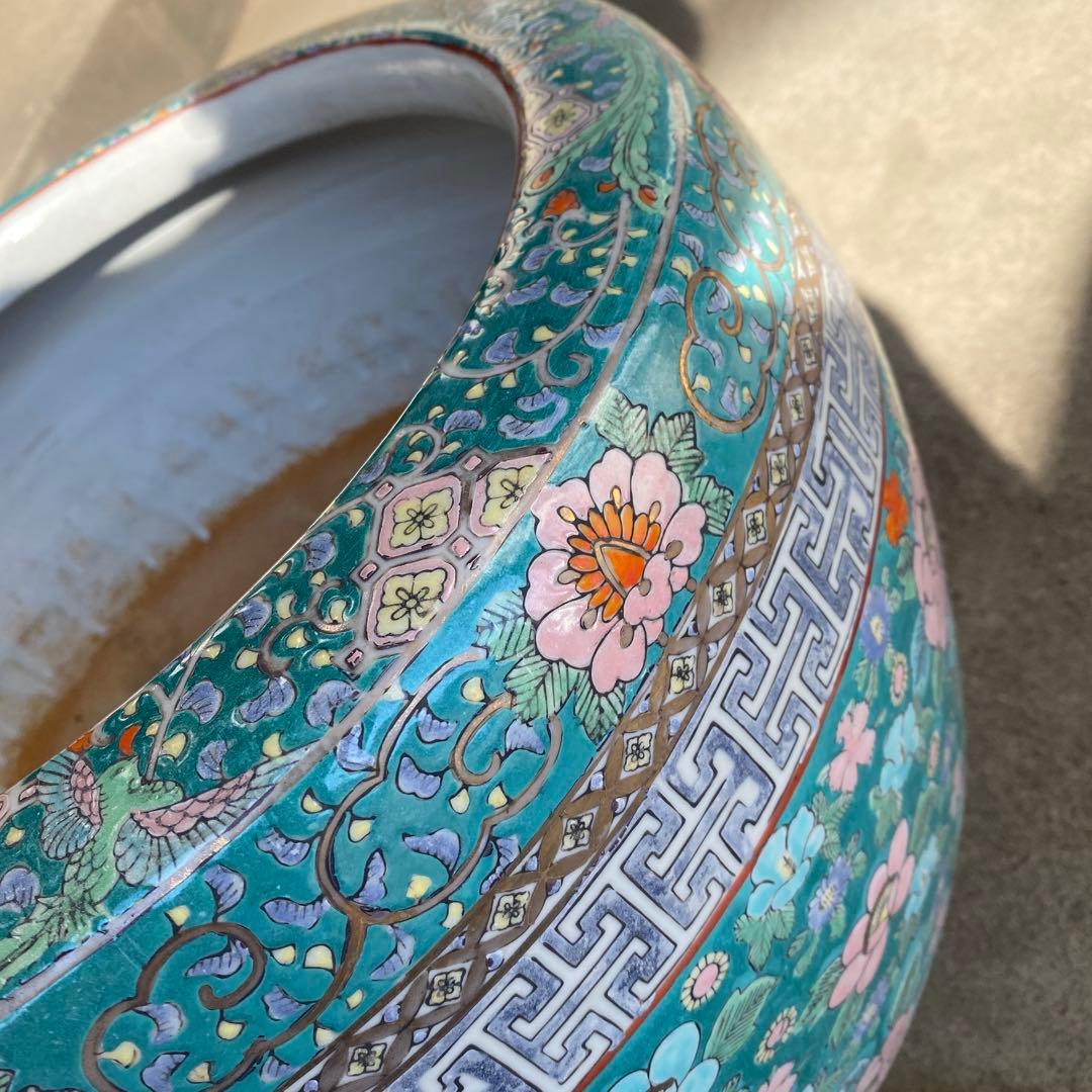 中国古玩　青系花柄陶器製水鉢37cm28cm