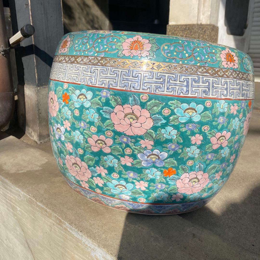 中国古玩　青系花柄陶器製水鉢37cm28cm