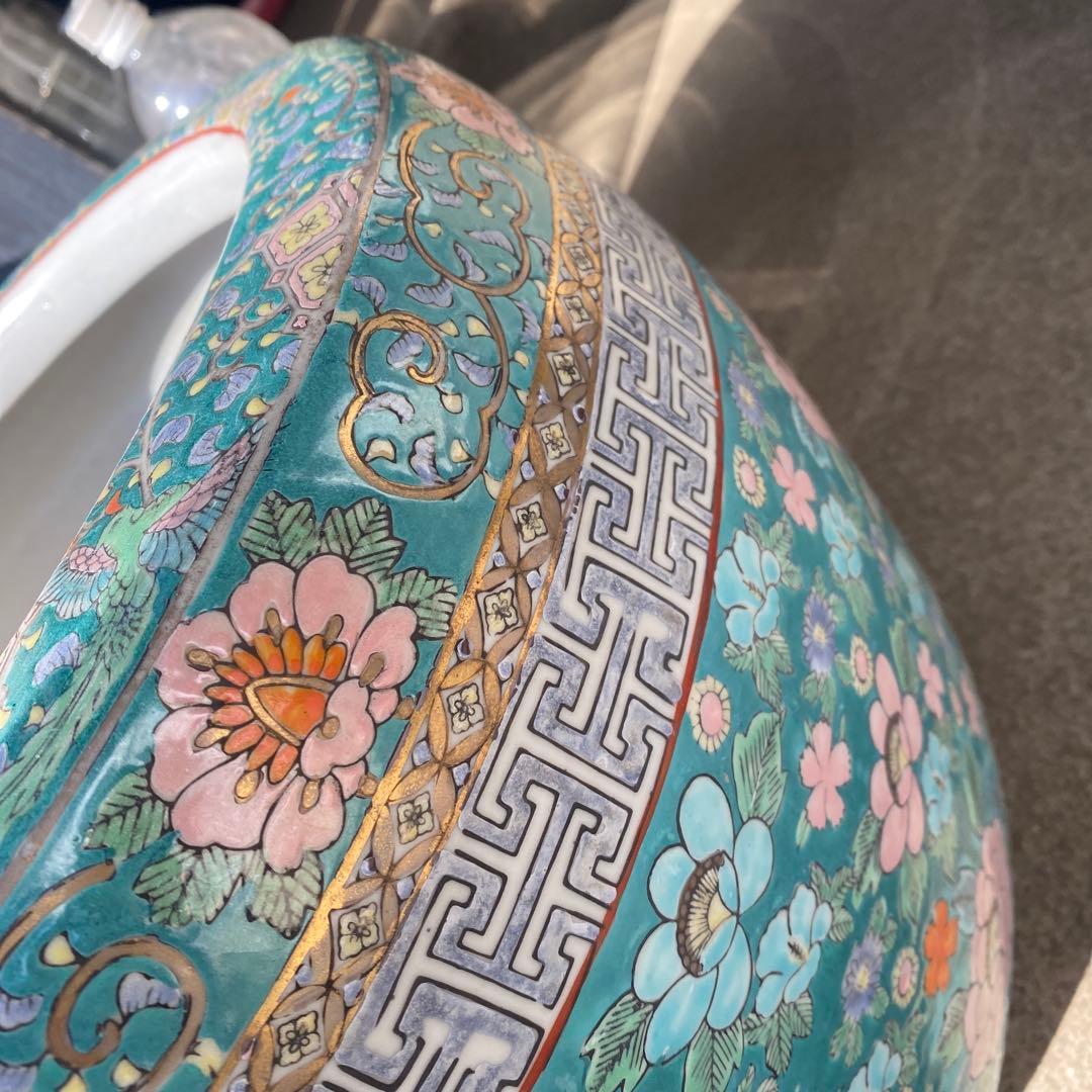 中国古玩　青系花柄陶器製水鉢37cm28cm