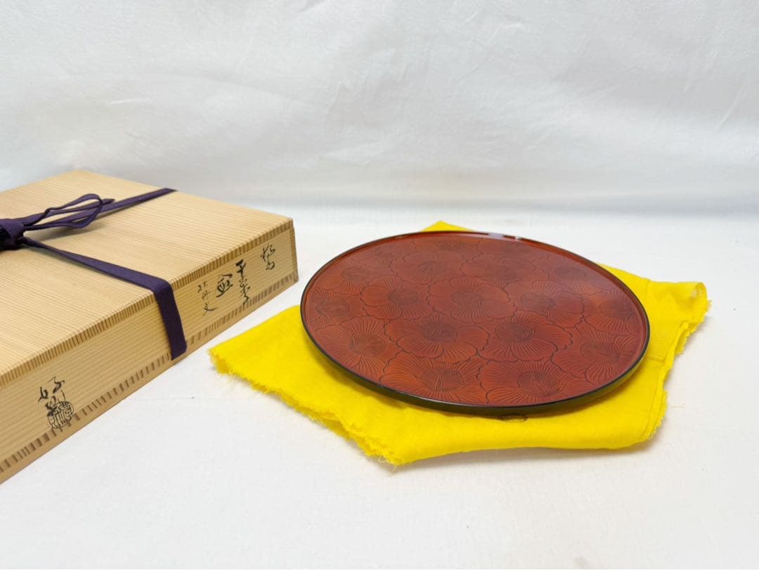 未使用 茶道具 塗師 好則造 輪島塗 牡丹文 干菓子盆 刻印 共布 共箱