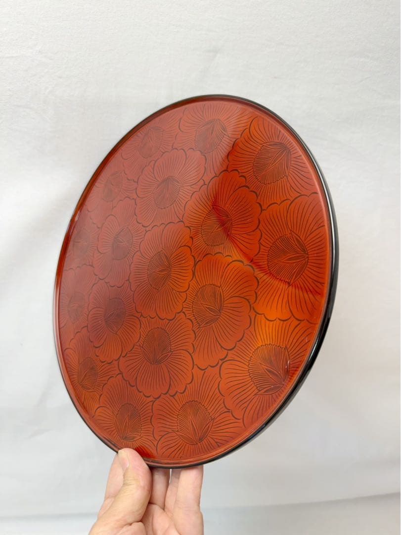 未使用 茶道具 塗師 好則造 輪島塗 牡丹文 干菓子盆 刻印 共布 共箱