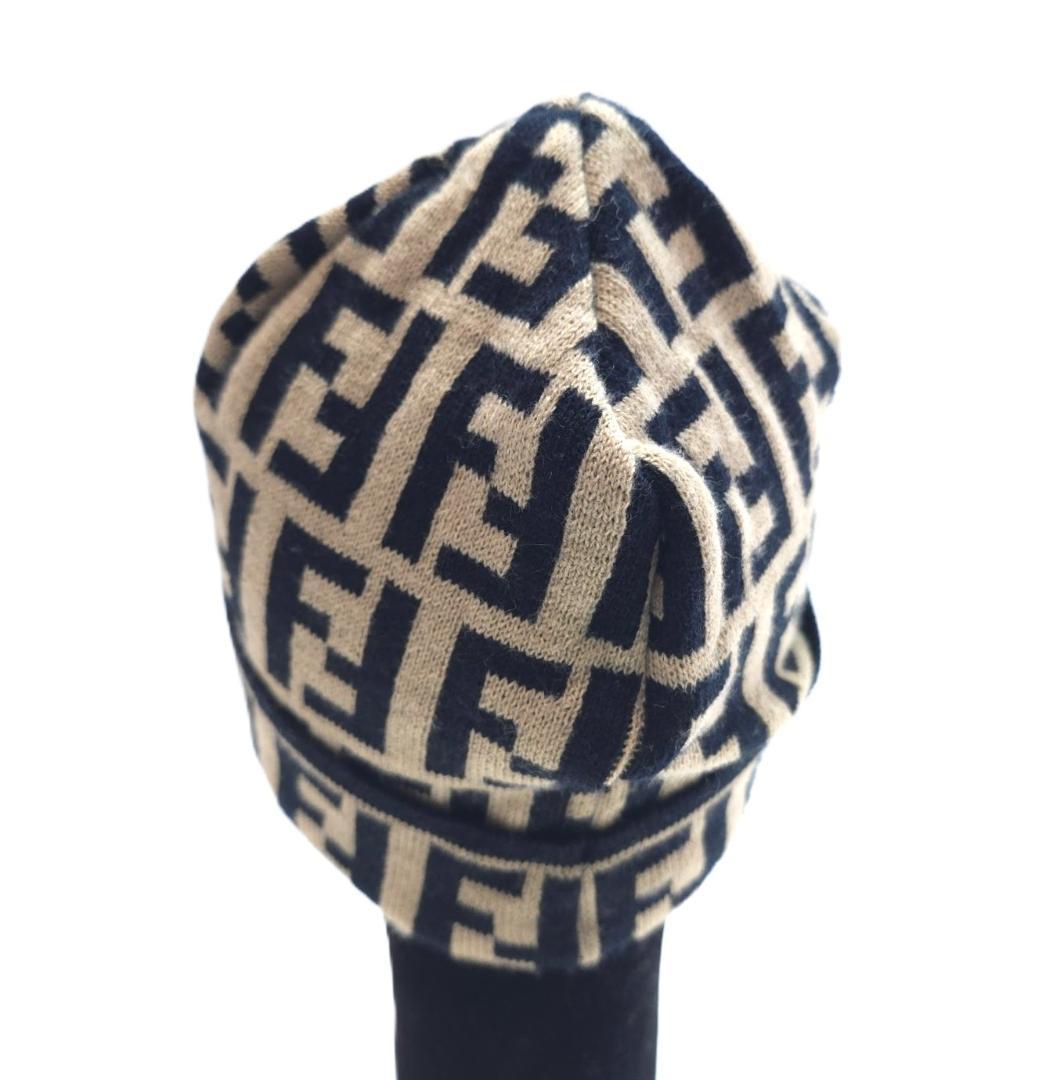 FENDI JEANS フェンディ ズッカ柄 ニット帽 ビーニー ベージュ×黒