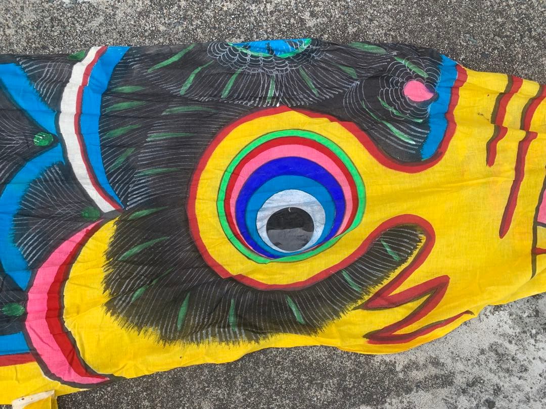 古い鯉のぼり　手描き染め　木綿100% 柿渋染めリメイク　古布