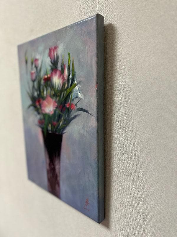 アクリルアート「赤い江戸切子と桔梗、撫子」１点物、手描き、真筆。