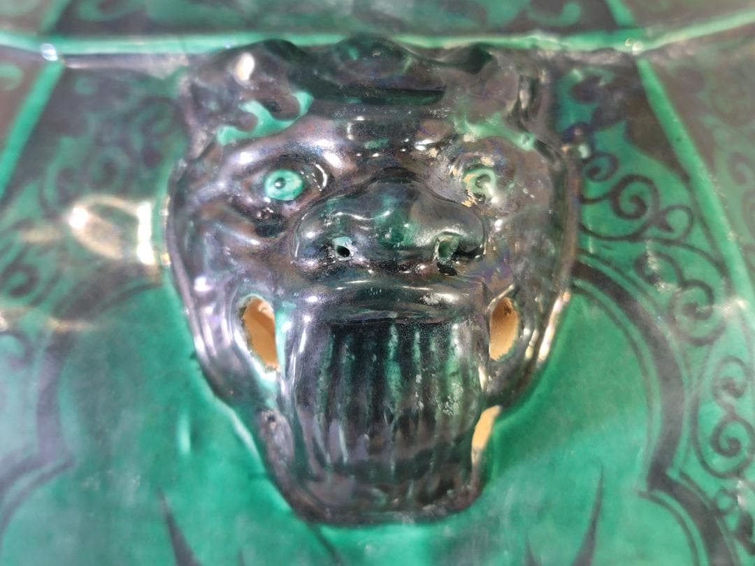 古い 中国 緑釉 獣耳 六角 瓶 高さ 39.5ｃｍ DT621