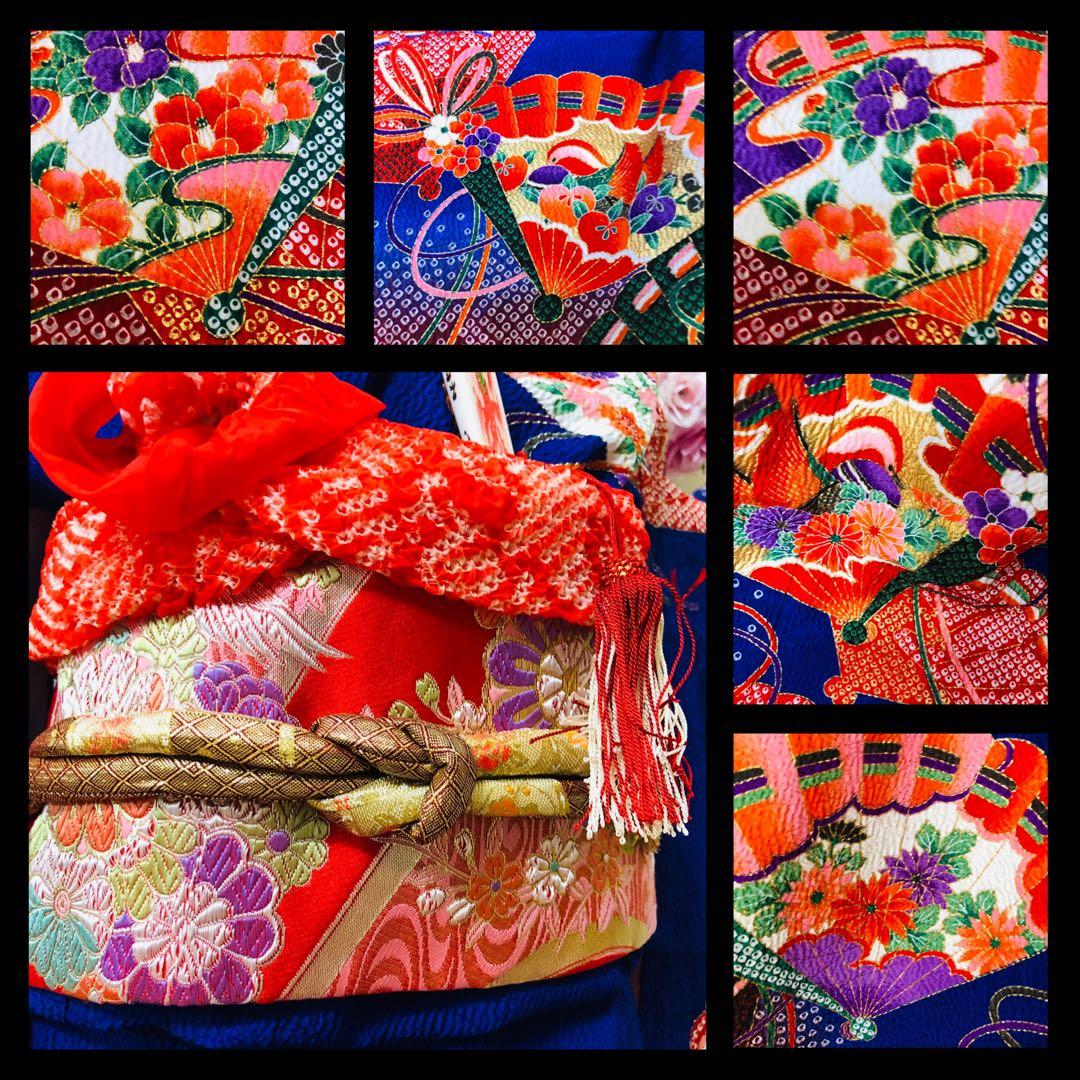 七五三7歳❣️人気Blue暈し絞り柄❣️扇鴛鴦花々金彩煌びやか際立つ完全フルセット❣️