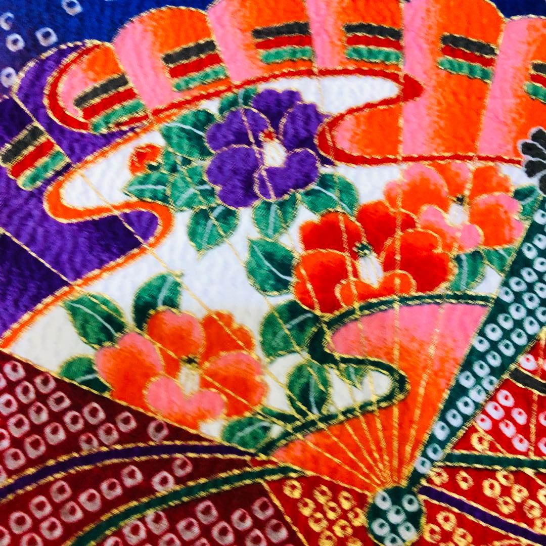 七五三7歳❣️人気Blue暈し絞り柄❣️扇鴛鴦花々金彩煌びやか際立つ完全フルセット❣️