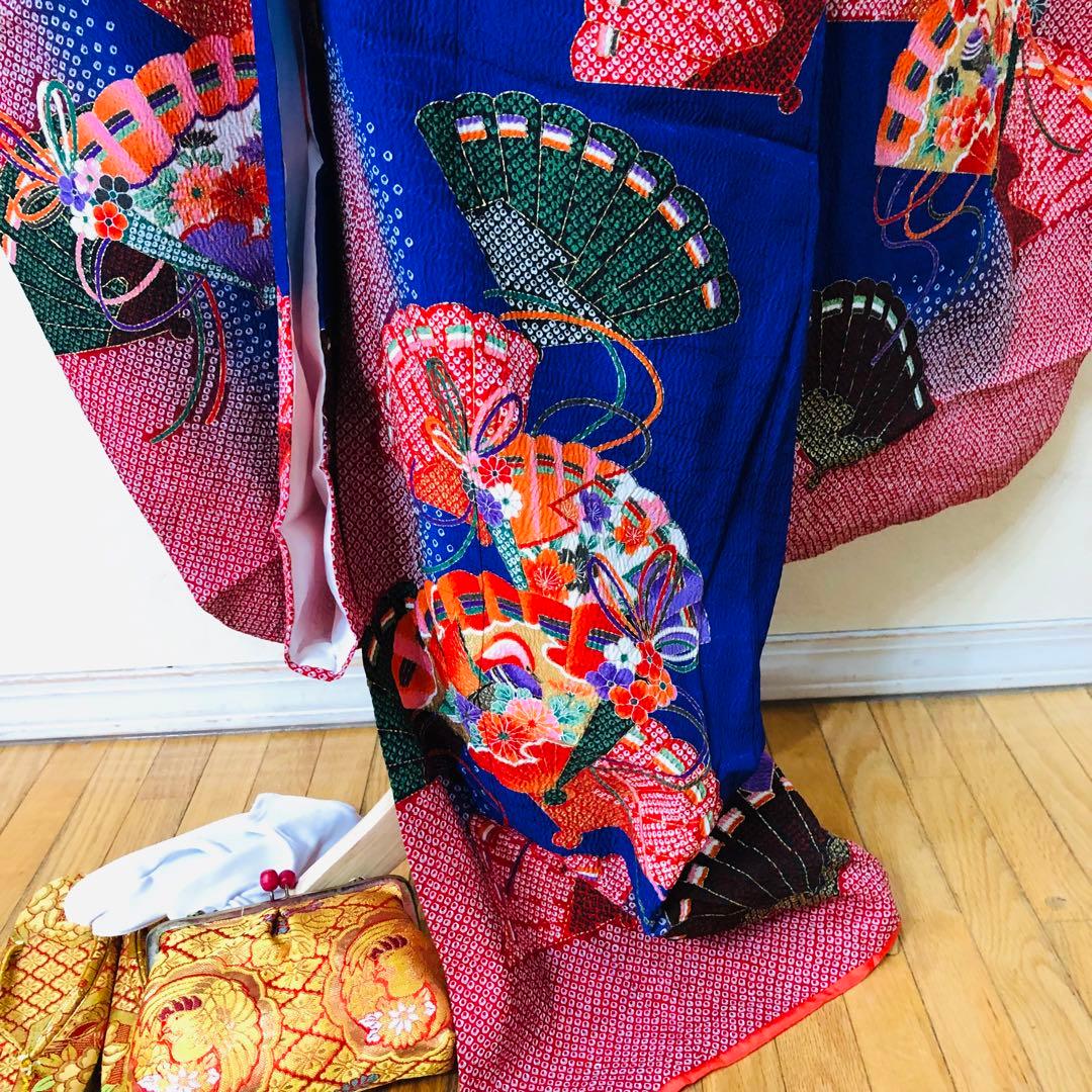 七五三7歳❣️人気Blue暈し絞り柄❣️扇鴛鴦花々金彩煌びやか際立つ完全フルセット❣️