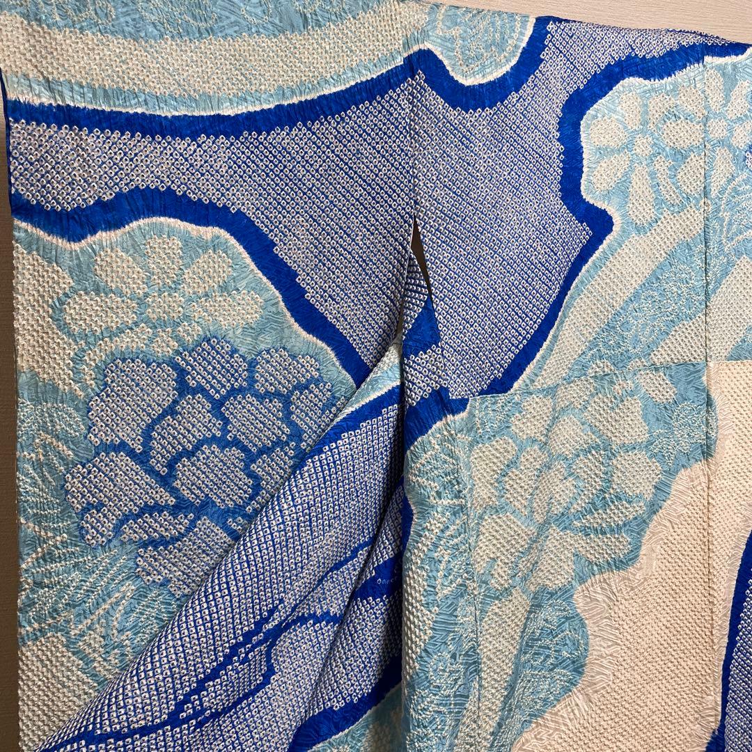 22141 【即購入OK】振袖　総絞りブルー系　呉服店誂え　セット可能【即発送】