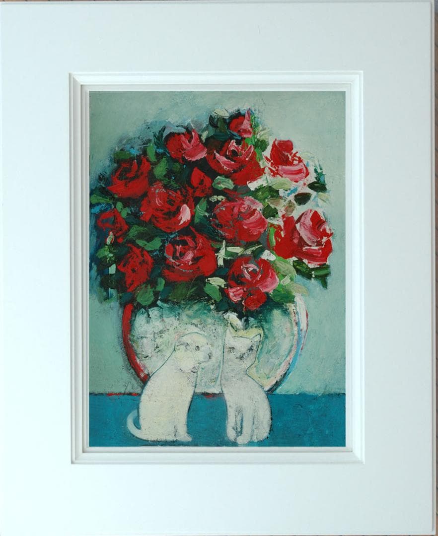 油絵 菅家令子 絵 絵画インテリア額付(青緑＋金色の枠)uF6-070619猫犬