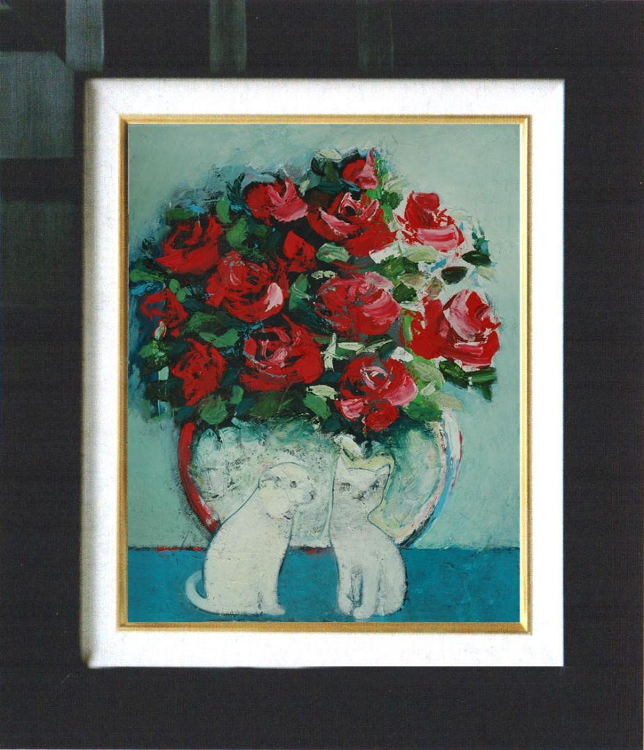 油絵 菅家令子 絵 絵画インテリア額付(青緑＋金色の枠)uF6-070619猫犬