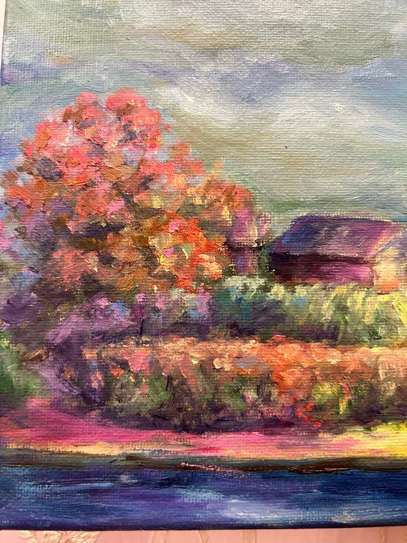 風車の油彩画 金色フレーム付き