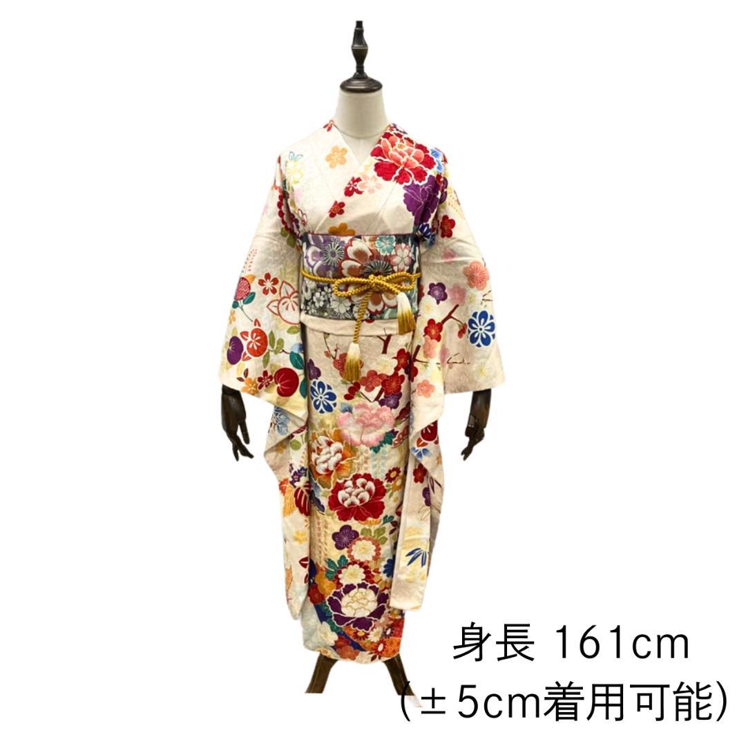 【美品】振袖セット 成人式 正絹 古典柄 振袖 ベージュ 172 ●