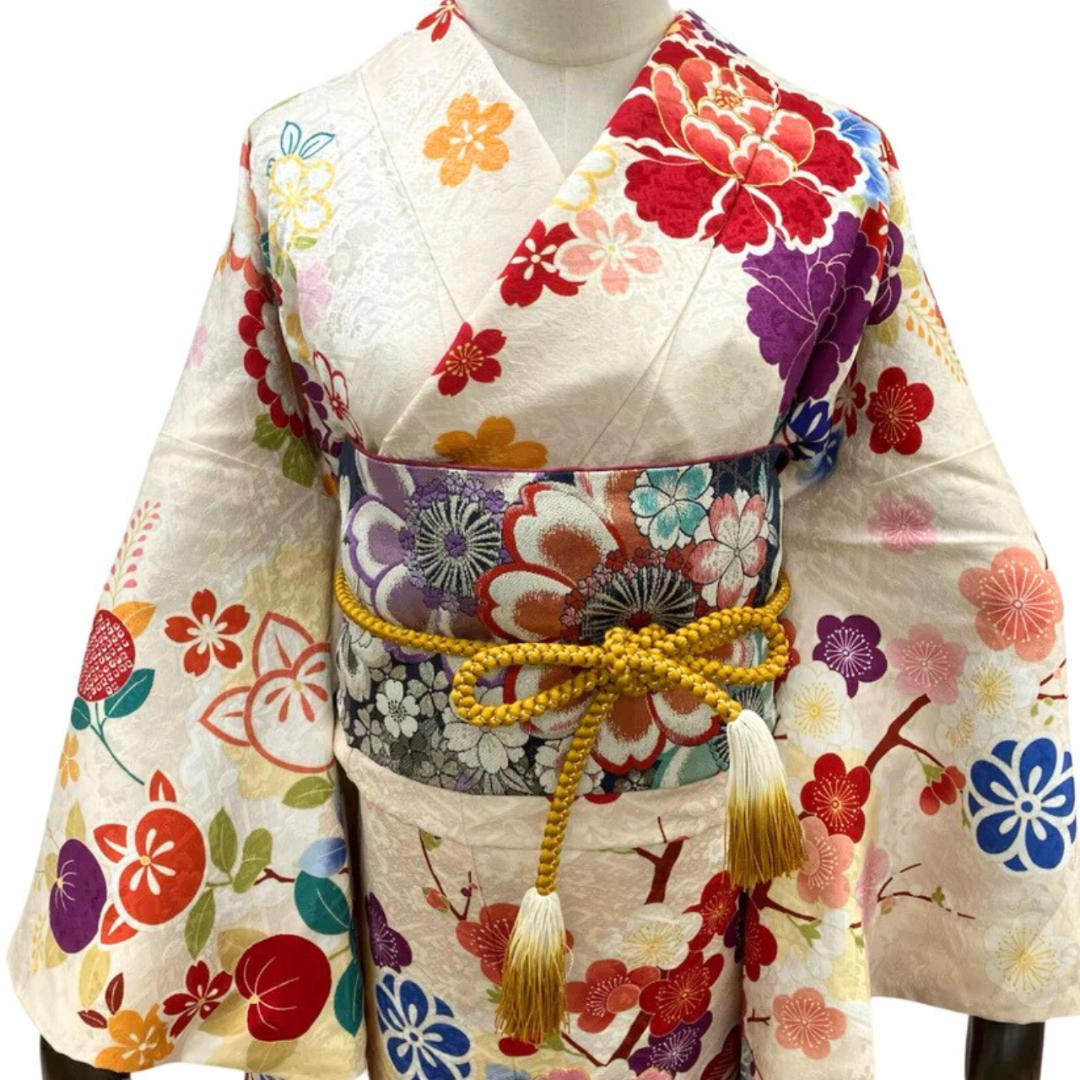 【美品】振袖セット 成人式 正絹 古典柄 振袖 ベージュ 172 ●