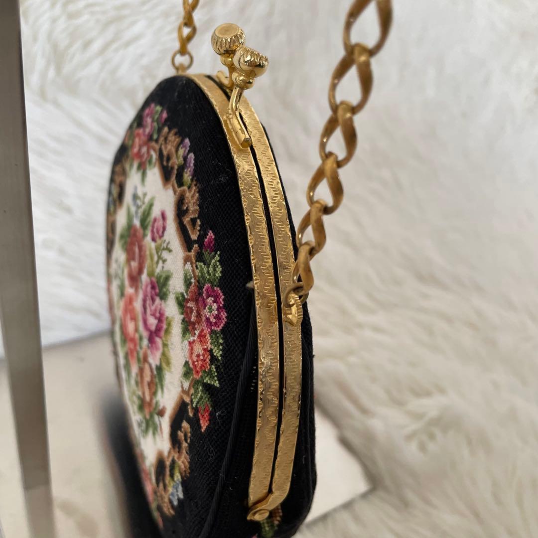 プチポワン　ラウンド型　バッグ　お花 アンティーク　良品　希少