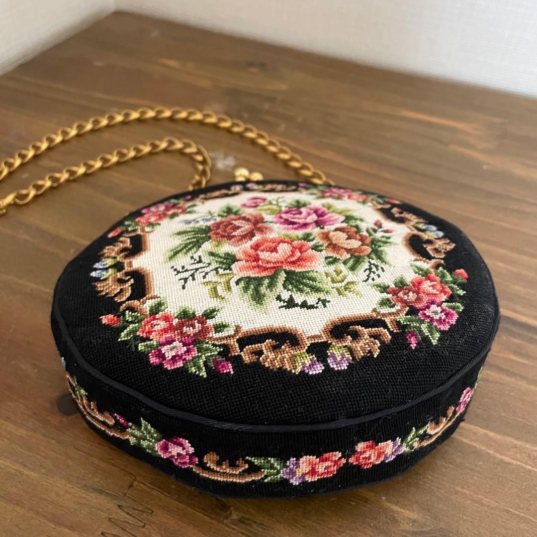 プチポワン　ラウンド型　バッグ　お花 アンティーク　良品　希少