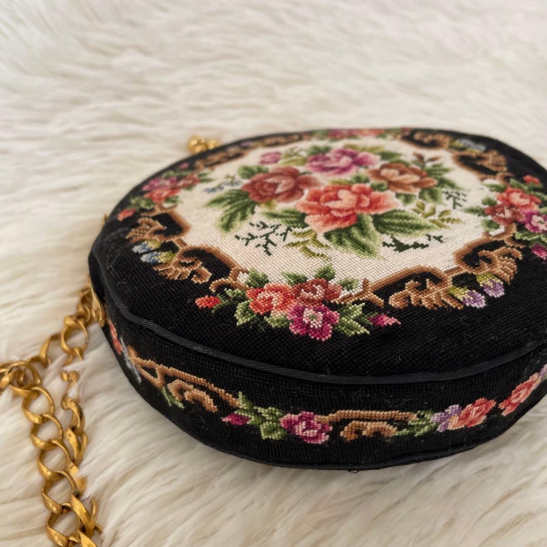 プチポワン　ラウンド型　バッグ　お花 アンティーク　良品　希少