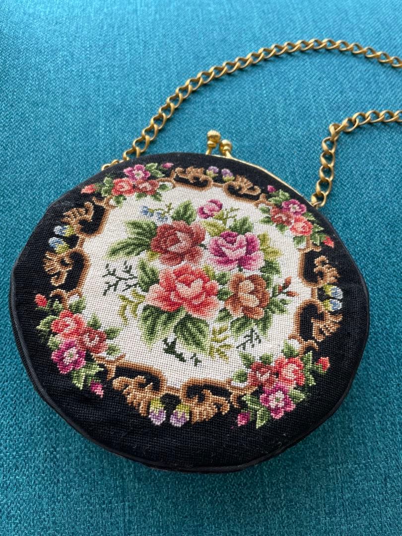 プチポワン　ラウンド型　バッグ　お花 アンティーク　良品　希少